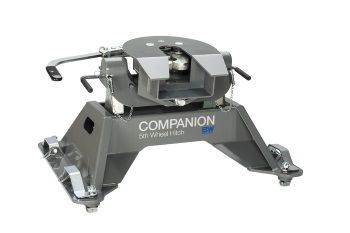 A close up of a trailer hitch on a white background.