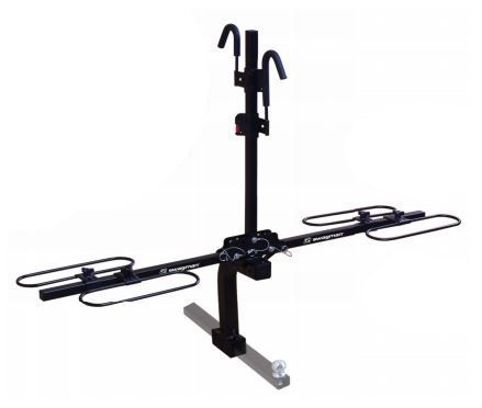 A black bike rack is sitting on a white surface.