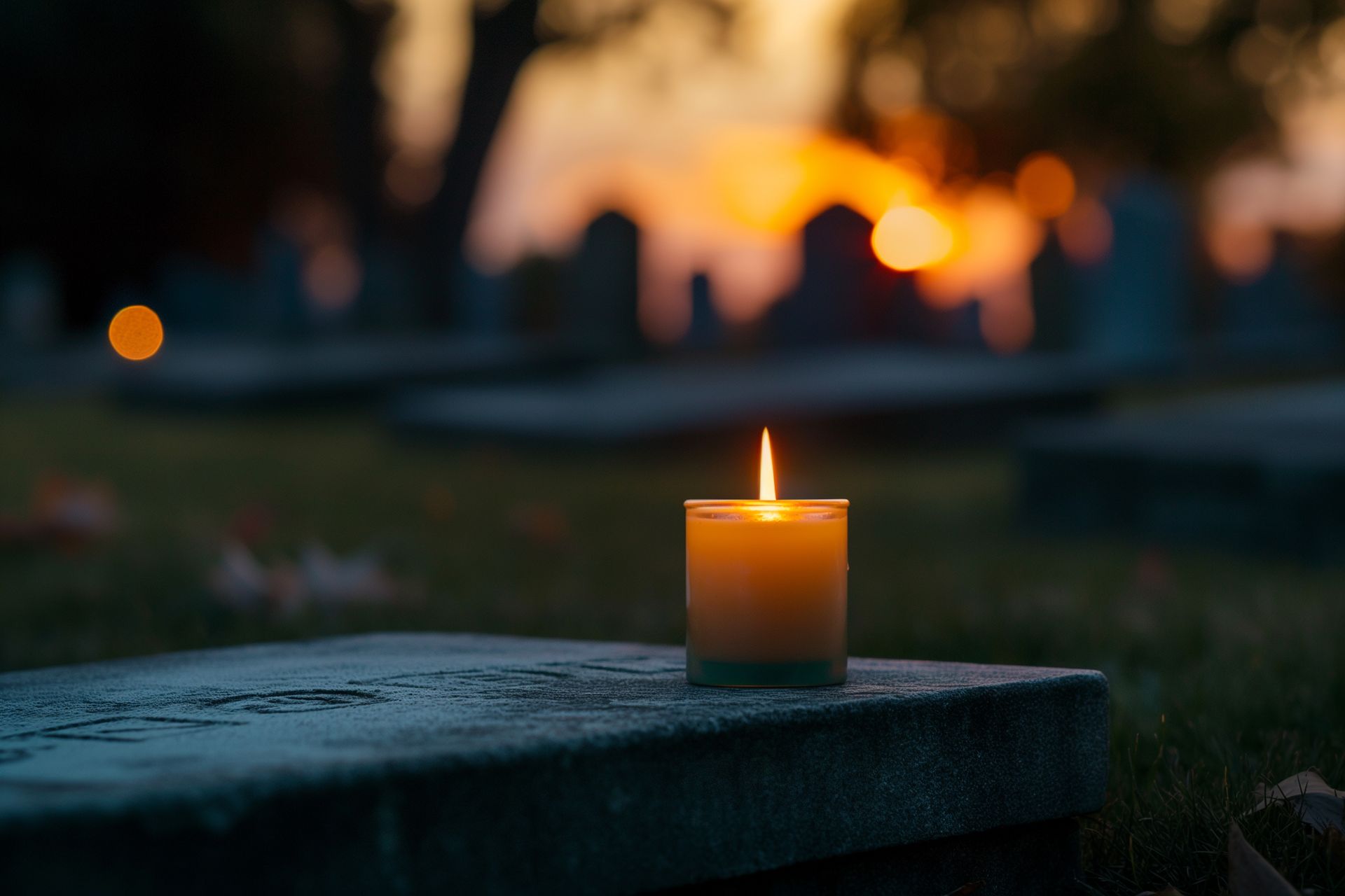 Lit candle on a stone ledge at dusk with blurred lights in the background