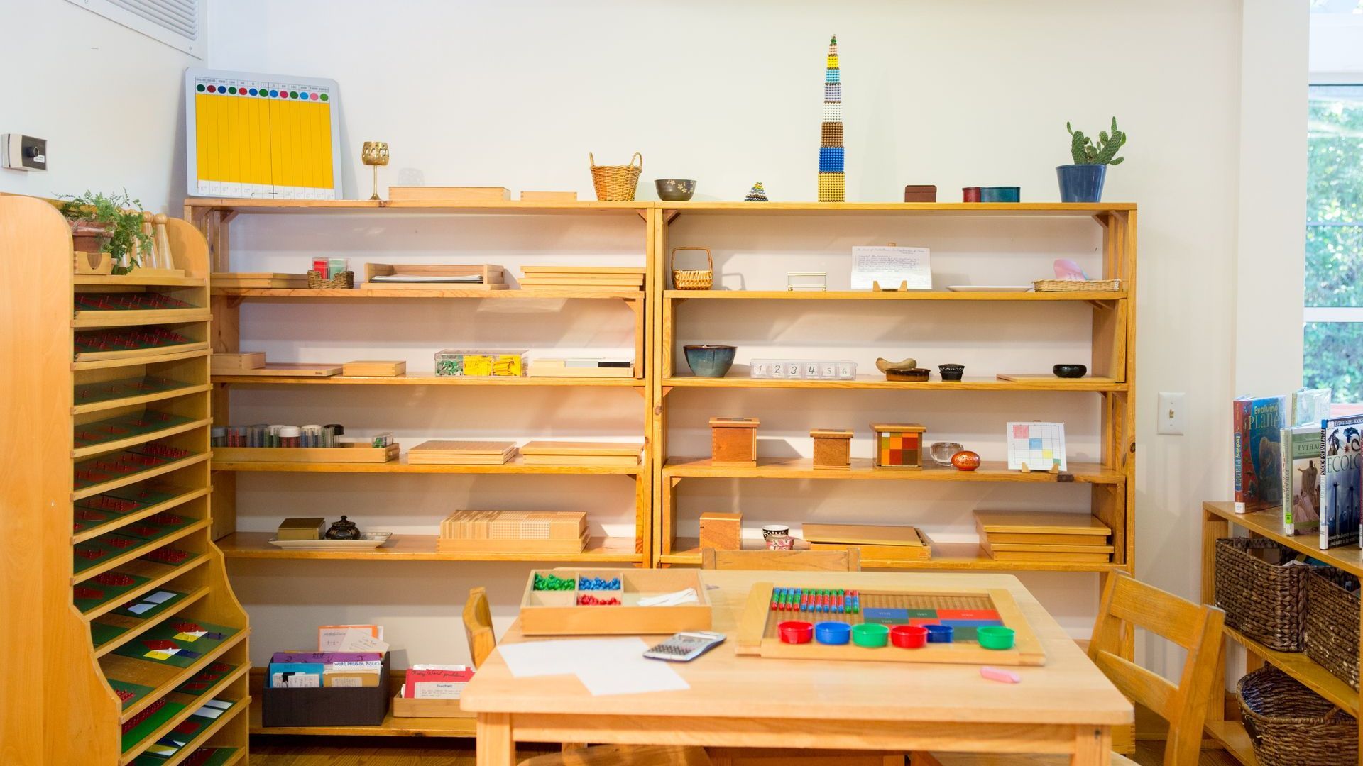 A Montessori room with a table and shelves filled with toys.