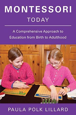 Two girls in pink sitting together working with Montessori math materials