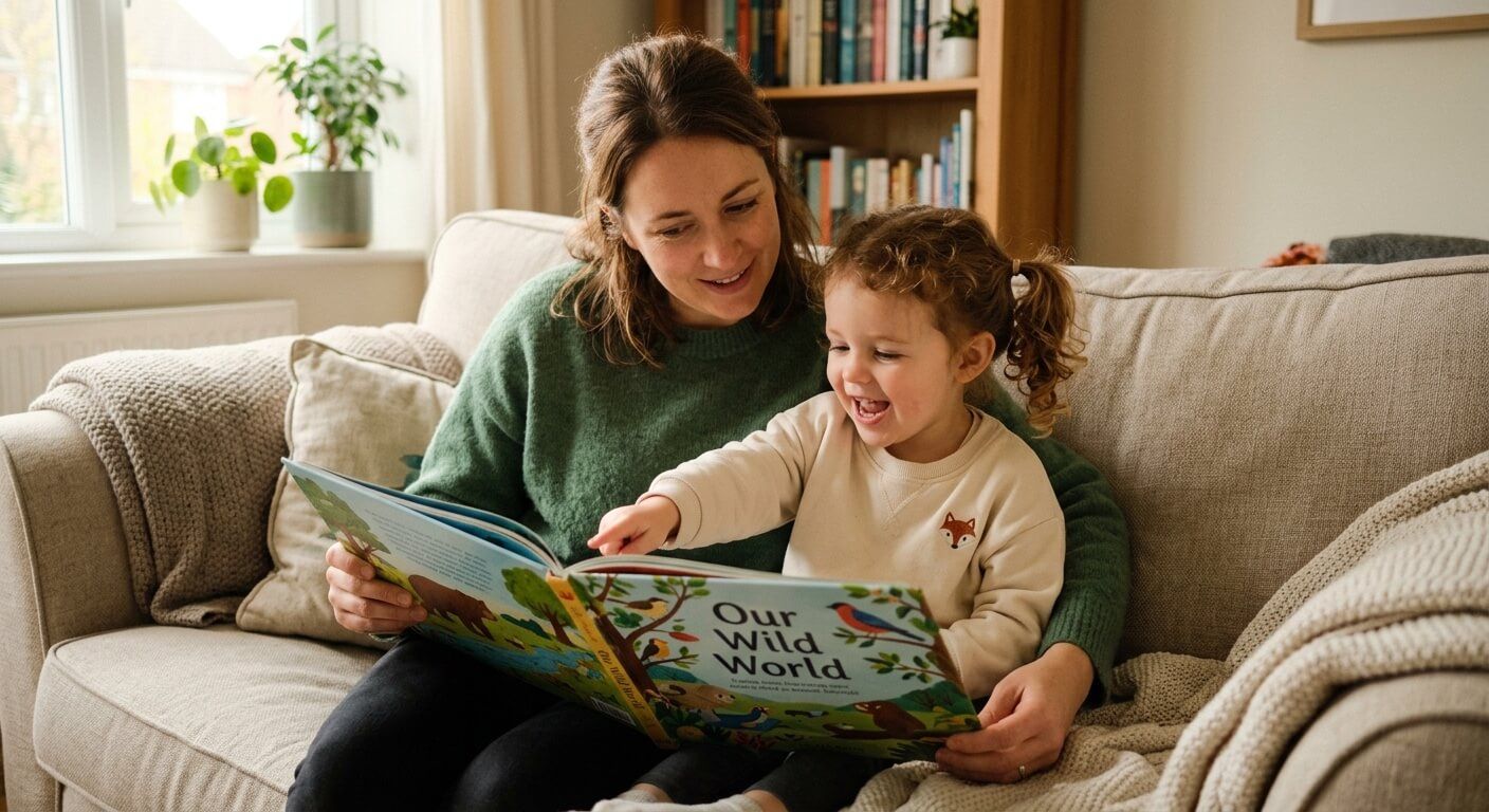 A mother and young child sitting and reading a picture book together in a cozy chair