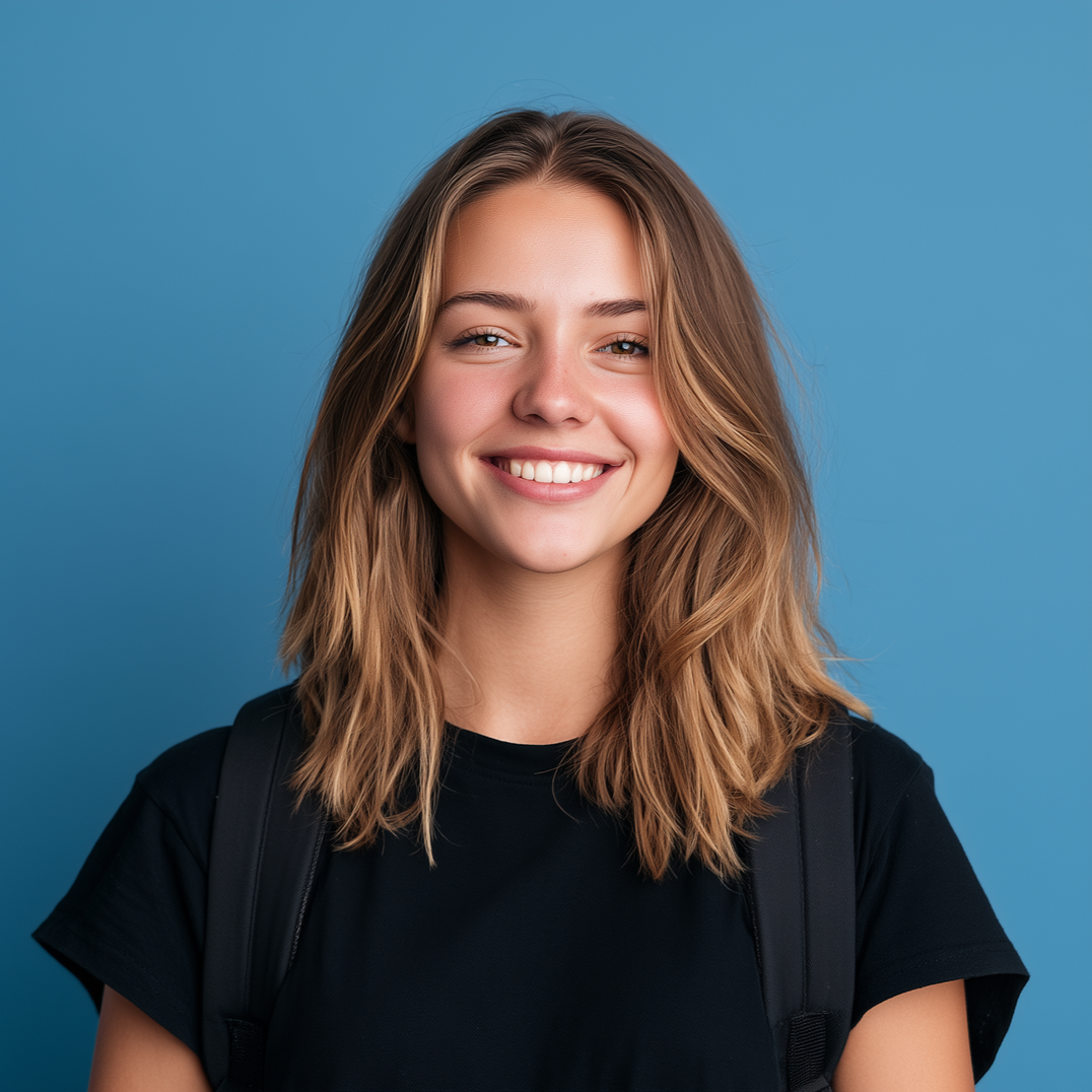 Smiling person with shoulder bag against a blue background