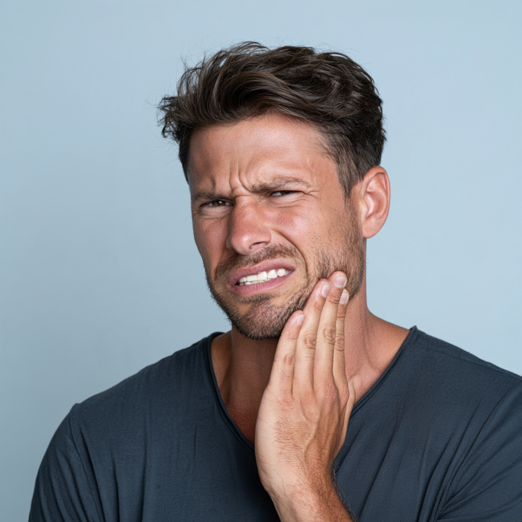 Man holding the side of his jaw while experiencing jaw pain