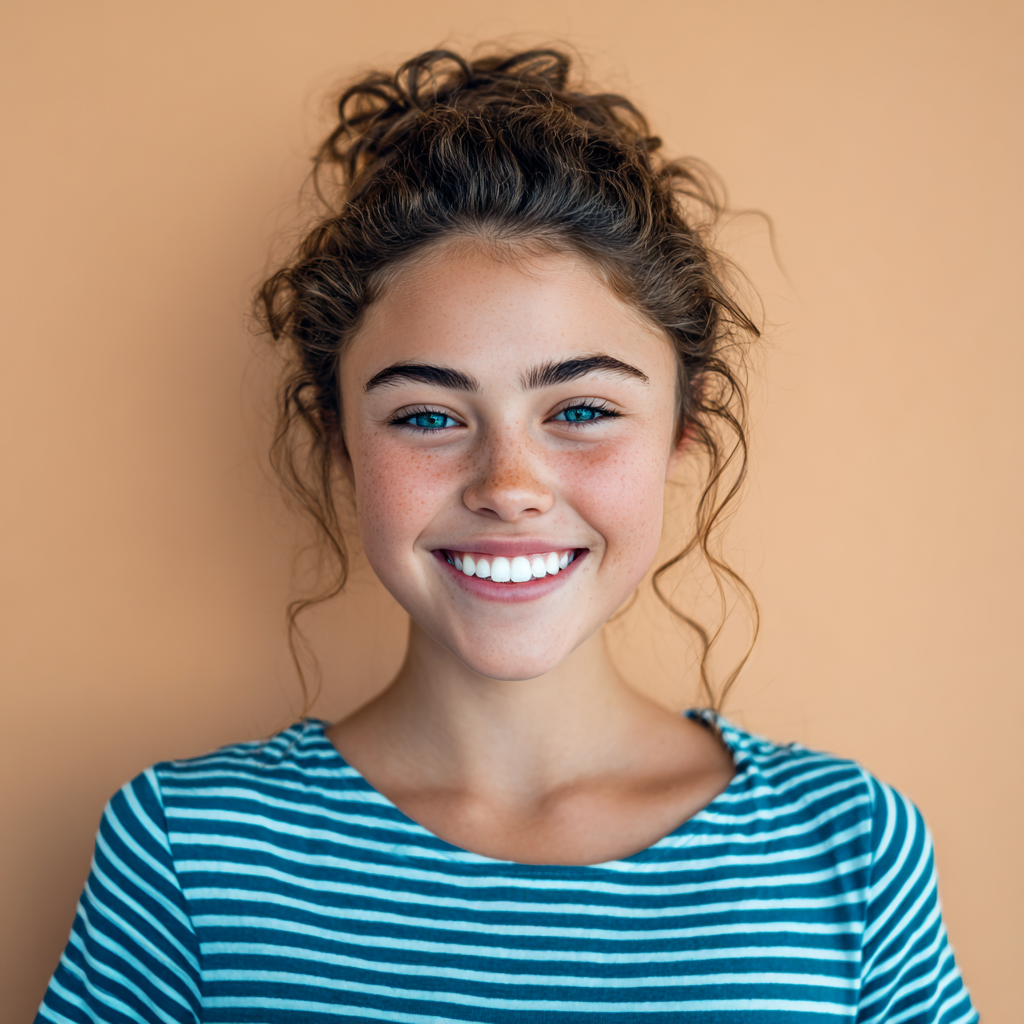 teenage girl with her eye closed, smiling