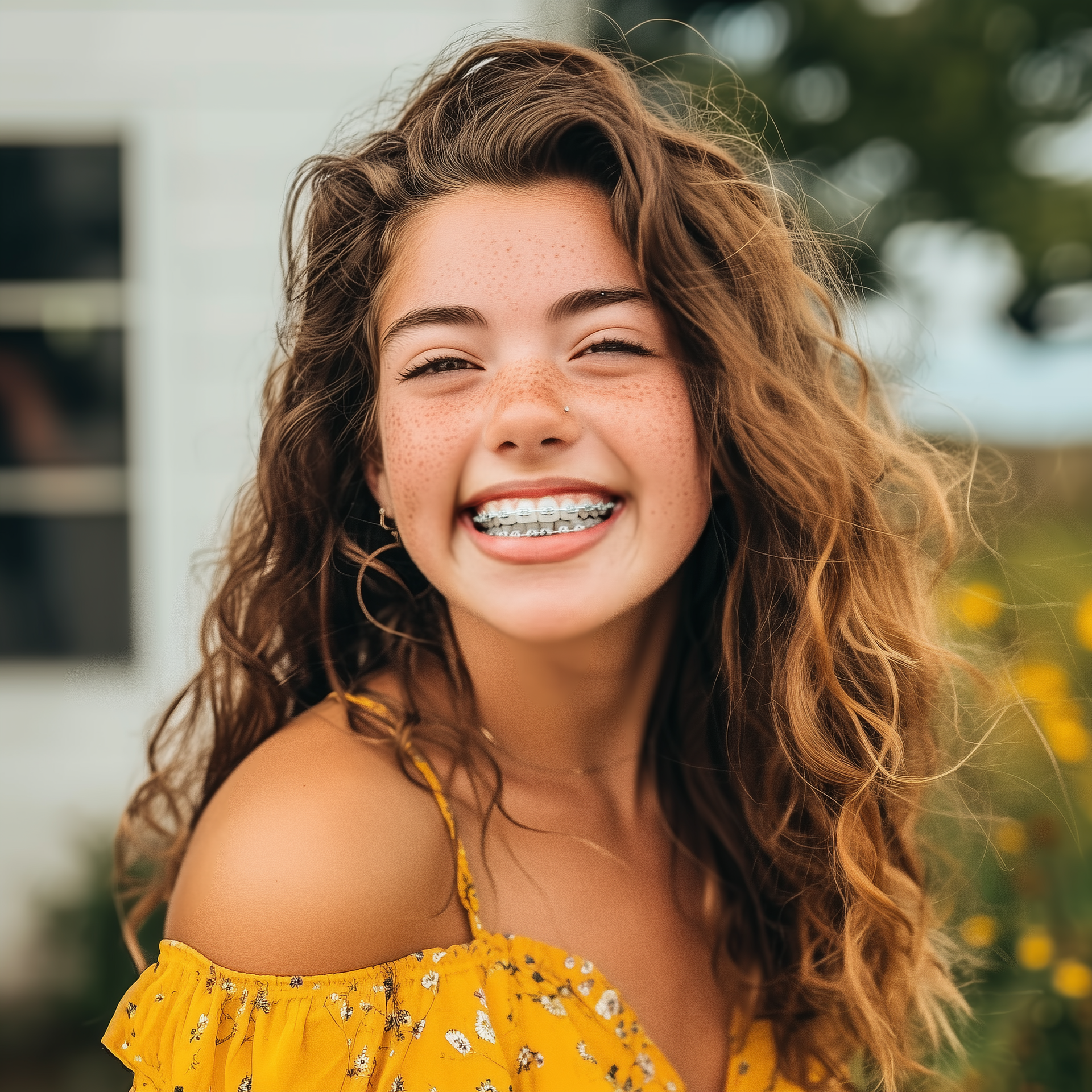 teenage girl with her eye closed, smiling