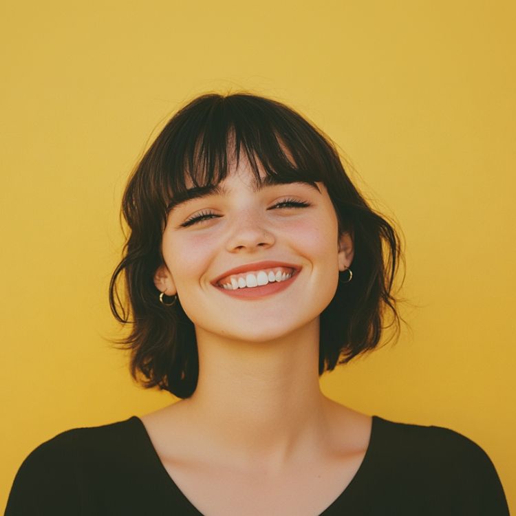 teenage girl with her eye closed, smiling