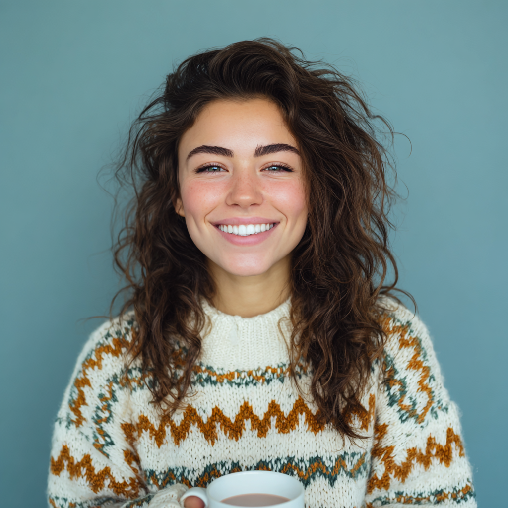Woman with curly hair smiles, holding a mug. Wearing a patterned sweater, against a blue background.