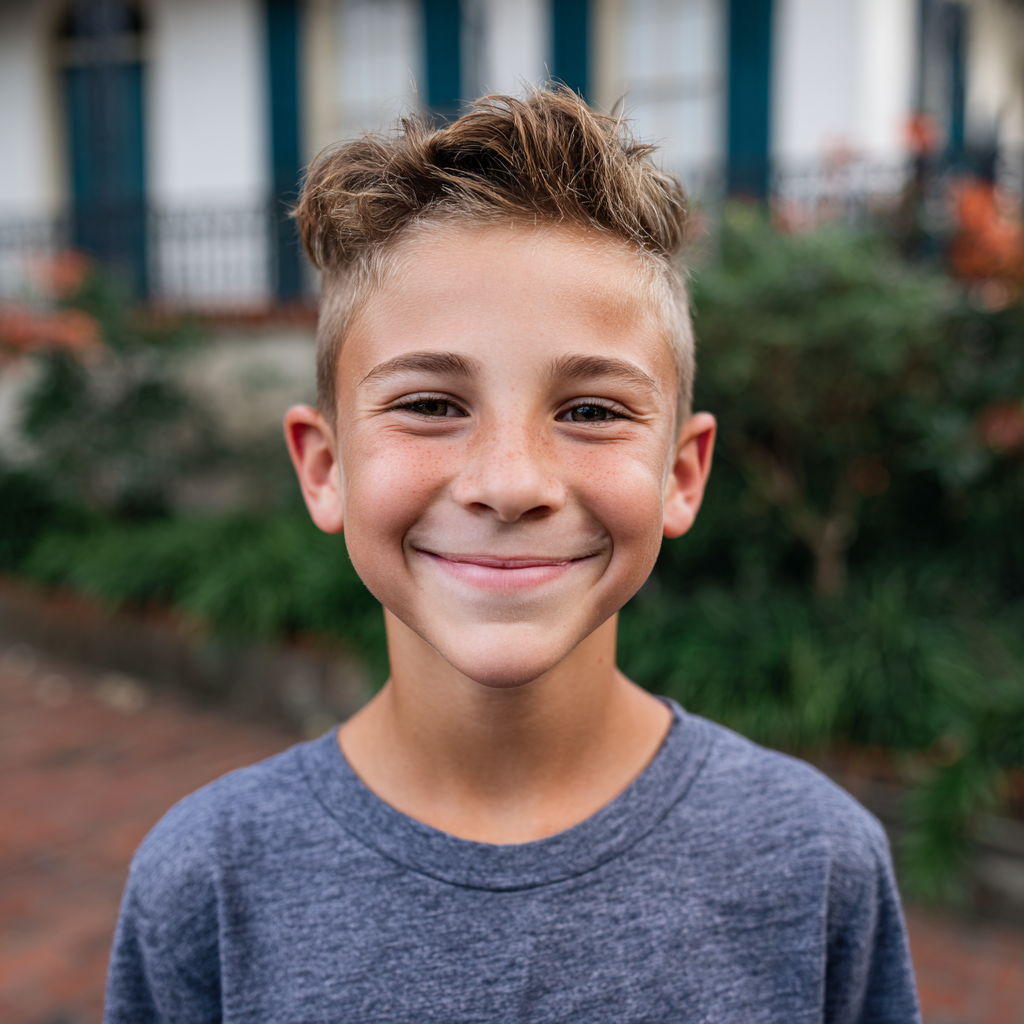 Boy with a spiky hairstyle smiles, wearing a gray shirt, in front of a building with green plants.