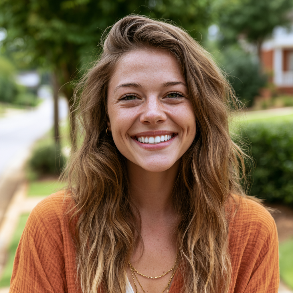 Smiling woman with long brown hair in an orange sweater outdoors on a tree-lined street