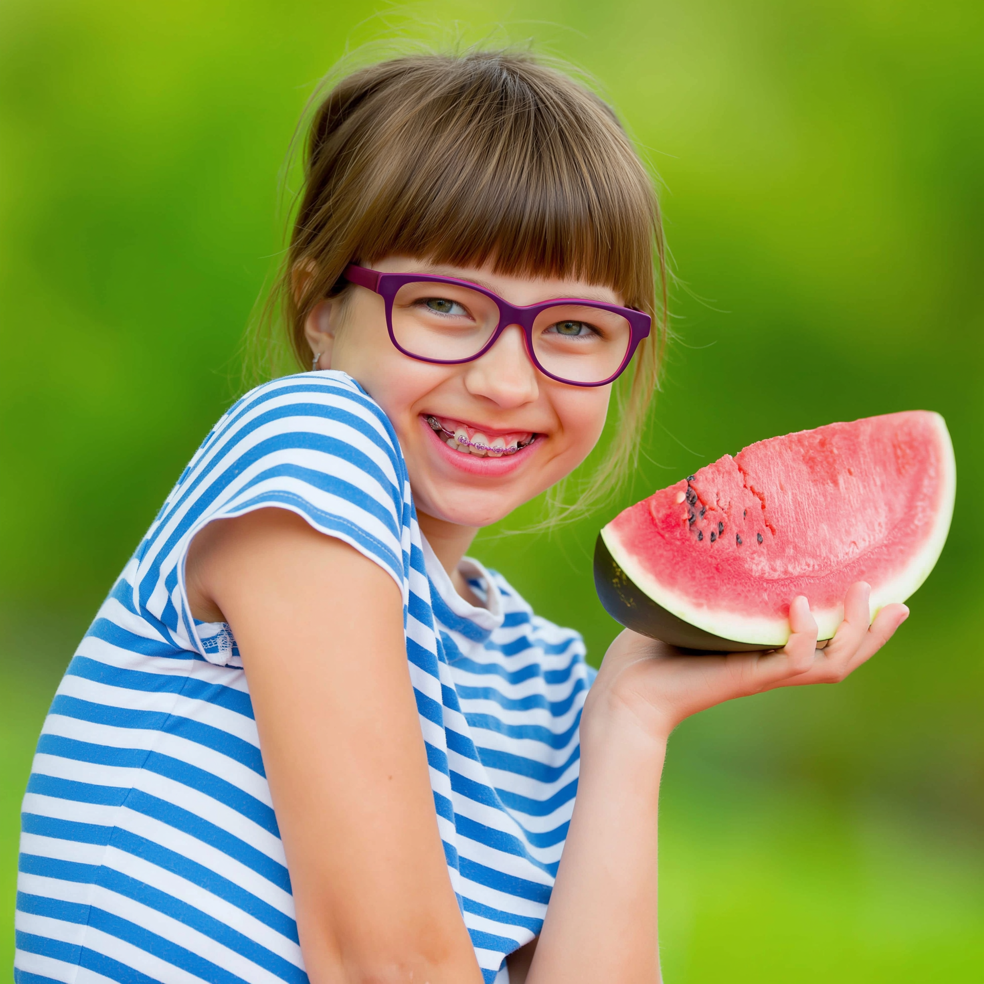 Smiling child in glasses holds a slice of watermelon against a green background
