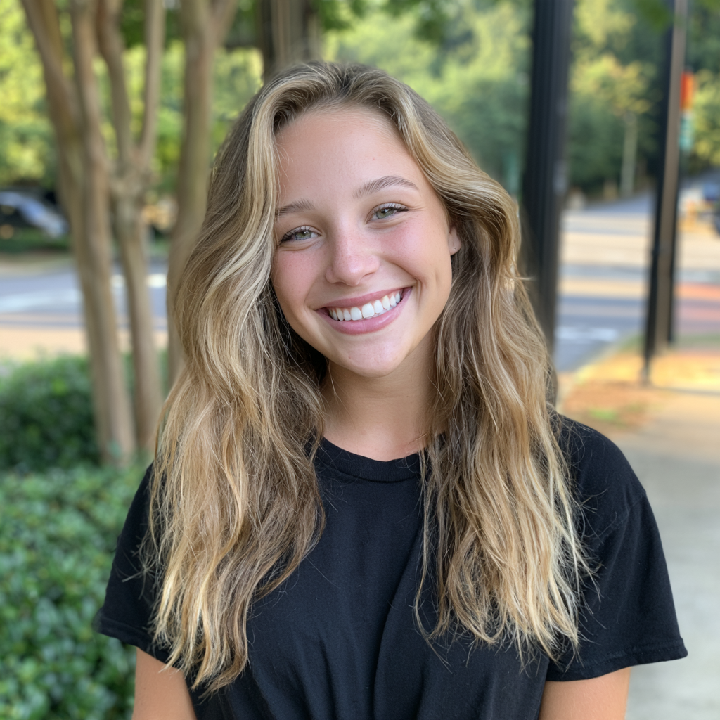 teenage girl with her eye closed, smiling