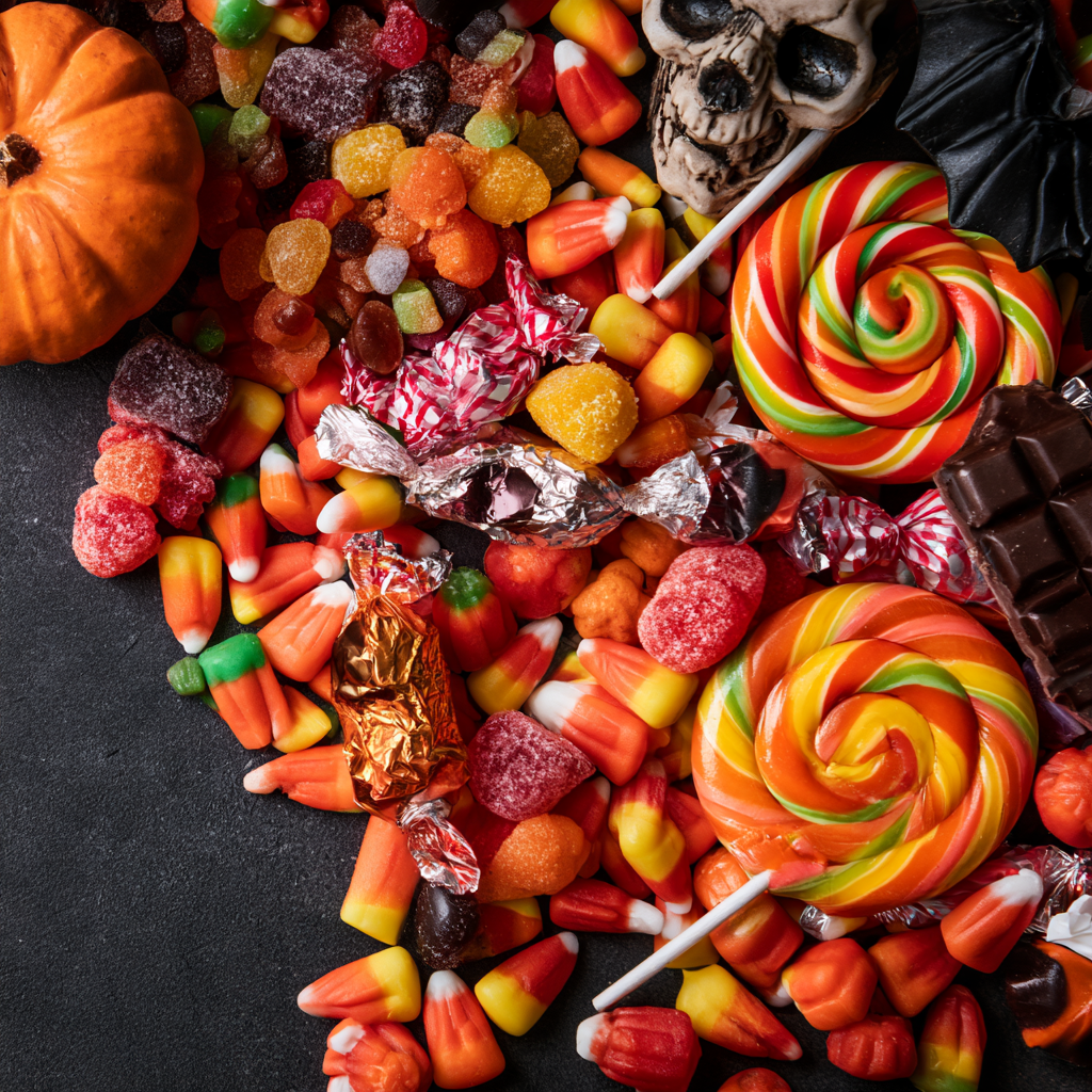 Halloween candy assortment with pumpkins, skull, lollipops, chocolates, and candy corn on a dark background