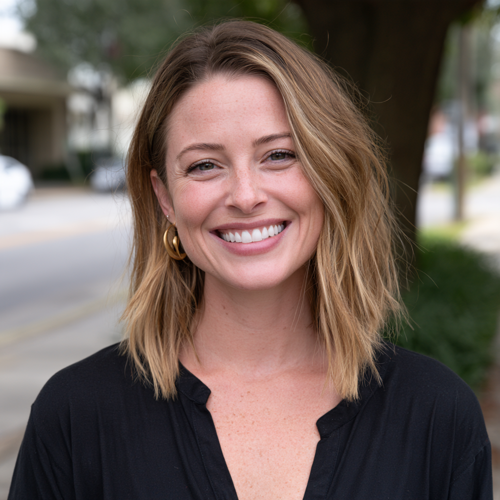Smiling person with shoulder-length hair in a black top, standing outdoors on a tree-lined street