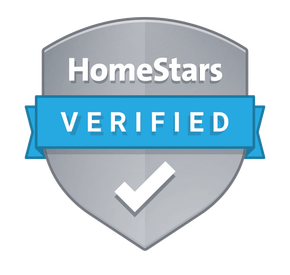 HomeStars Verified badge with blue ribbon and gray shield, white check mark