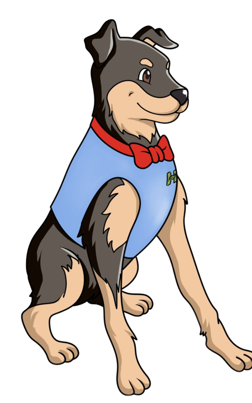 Cartoon dog wearing a blue shirt and red collar, sitting and facing left.