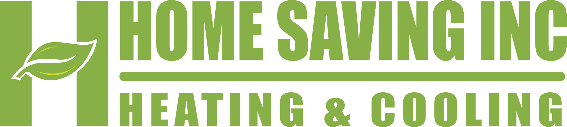 Home Saving Inc Heating & Cooling logo with green leaf icon and bold green text