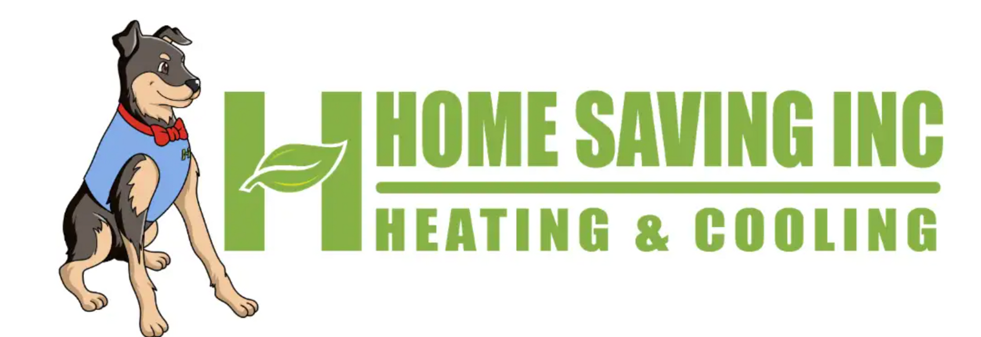 Cartoon dog mascot beside green “Home Saving Inc Heating & Cooling” logo and text.