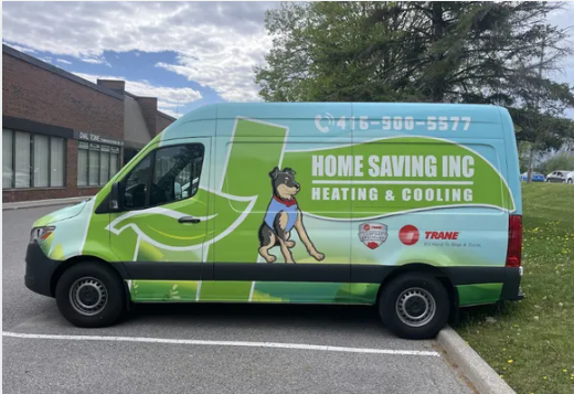 Home Saving Inc Heating & Cooling green logo with house and leaf icon
