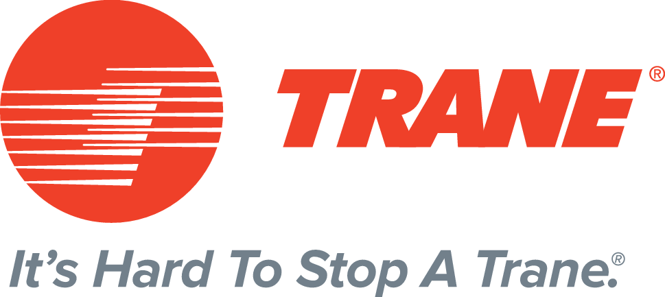 The trane logo is red and white and says `` it 's hard to stop a trane ''.