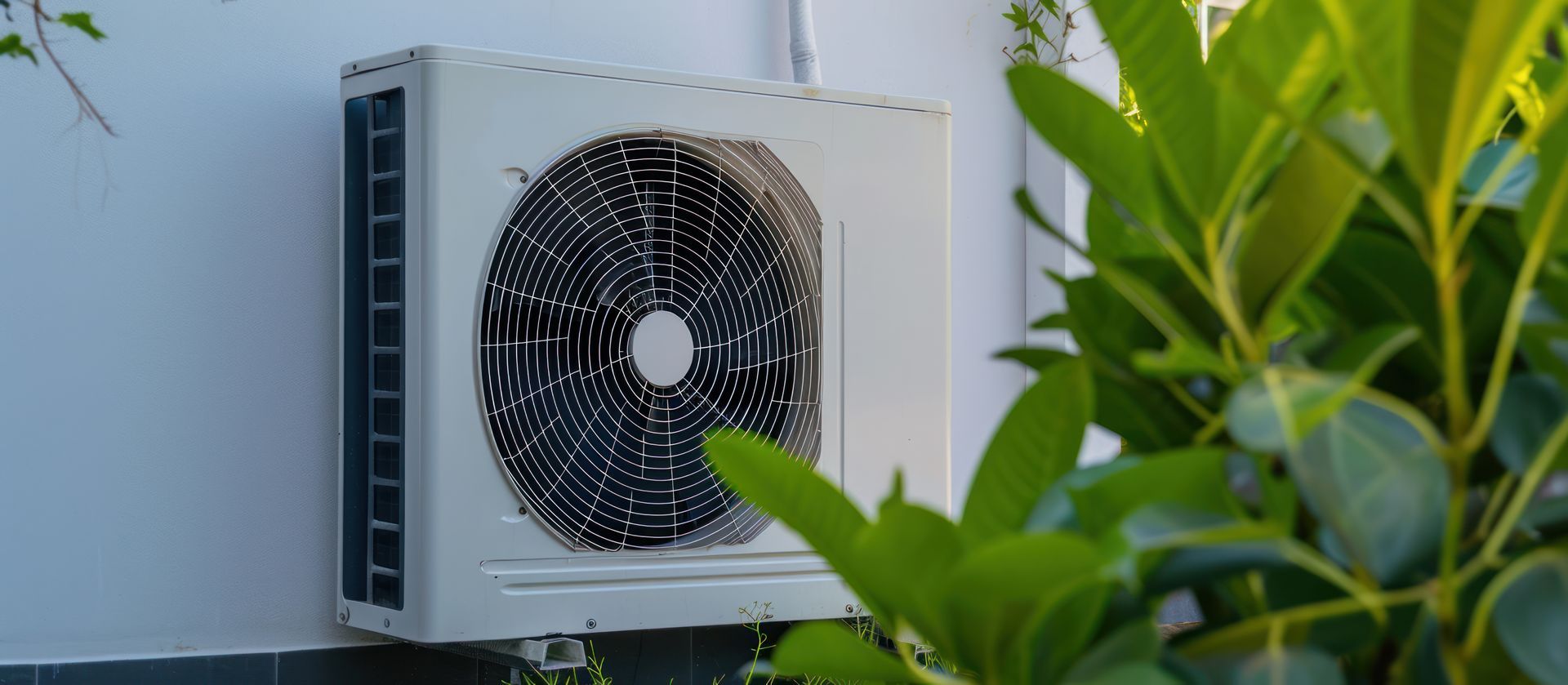 Outdoor air conditioning unit beside green leaves on a white wall
