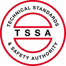 Circular red-and-white TSSA logo reading “Technical Standards & Safety Authority”