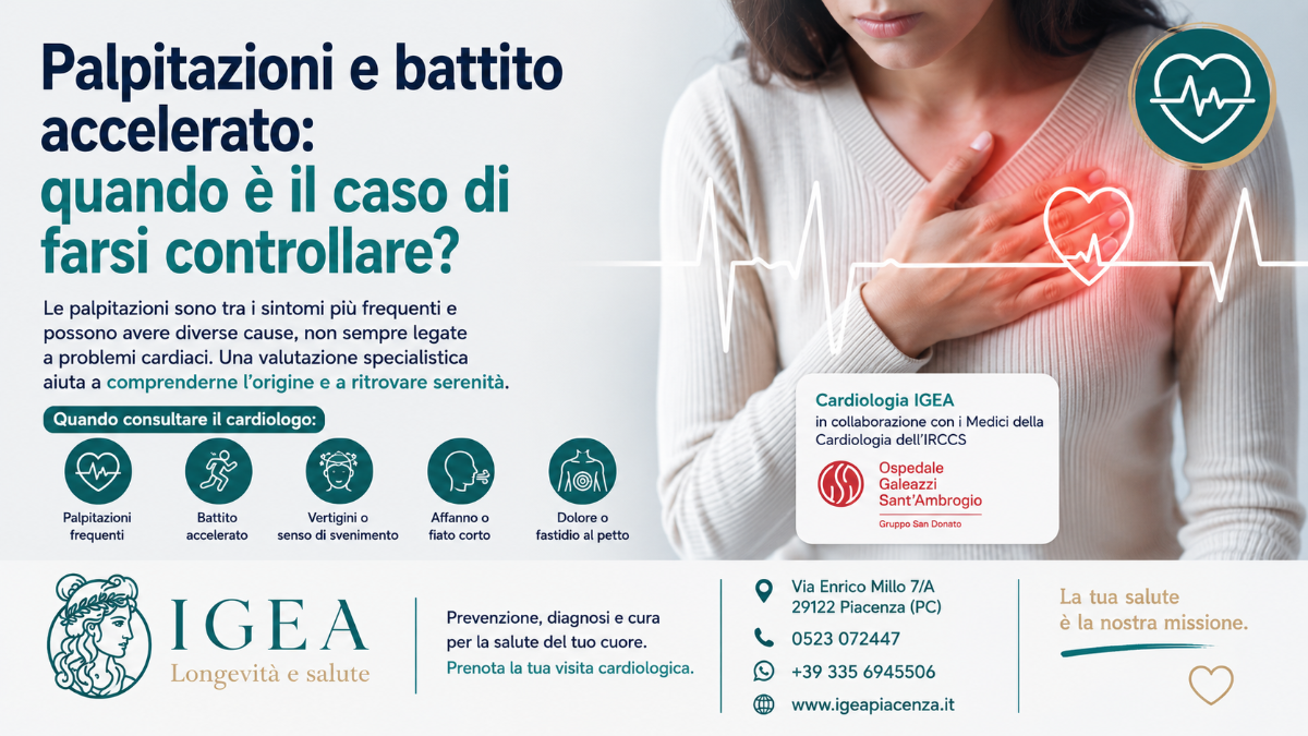 Spirometria a Piacenza: l’esame fondamentale per la salute dei polmoni | Poliambulatorio IGEA Piacenza Palpitazioni, tachicardia e battito accelerato: quando preoccuparsi e quali esami possono aiutare a individuare le cause. Cardiologia IGEA Piacenza in collaborazione con i Medici della Cardiologia dell'IRCCS Ospedale Galeazzi-Sant'Ambrogio.