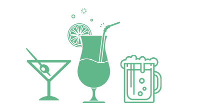 Three green beverage icons: martini, cocktail with straw, and beer mug.
