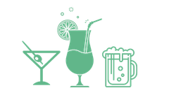 Three drinks: martini, cocktail, and beer in a mug, all teal-colored outlines.