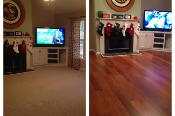 Living room before-and-after: beige carpet changed to hardwood near a fireplace and TV.