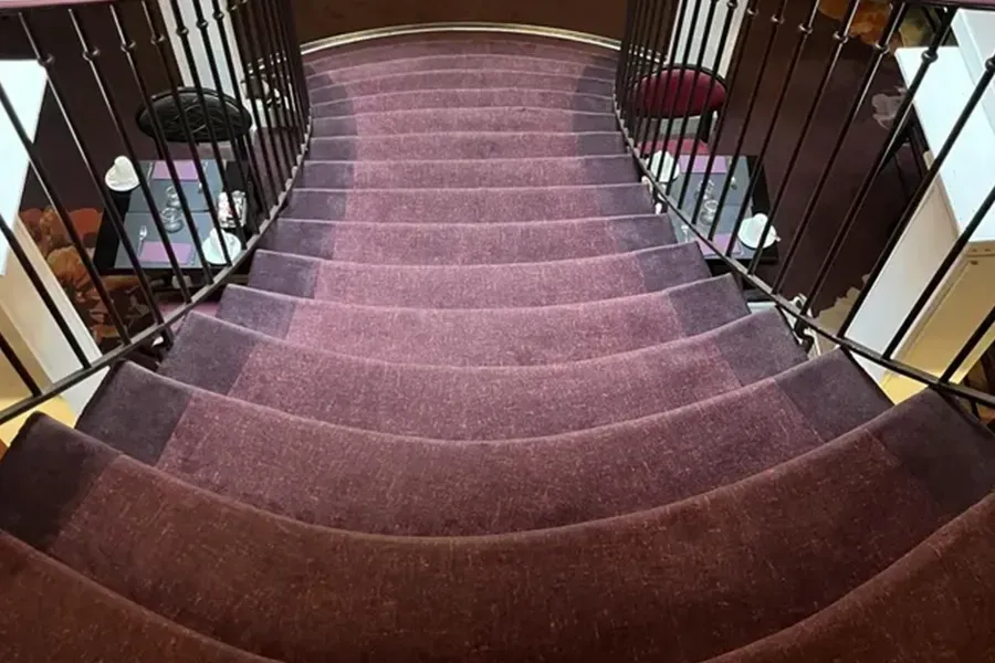 Curved carpeted staircase with black railings in a home interior, viewed from above