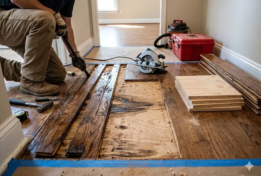 Worker removing old hardwood flooring with power tools in a room, with stacked new boards nearby