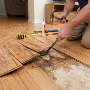 Person lifting damaged hardwood floorboards with a pry bar during home repair, tools nearby.