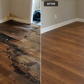 Before-and-after of damaged wood flooring repaired and refinished in a room.