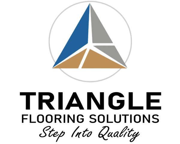 Triangle Flooring Solutions logo with blue, gray, and tan triangle icon and tagline “Step Into Quality”