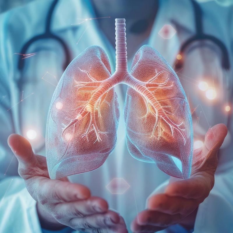 A doctor is holding a picture of a lung in his hands.