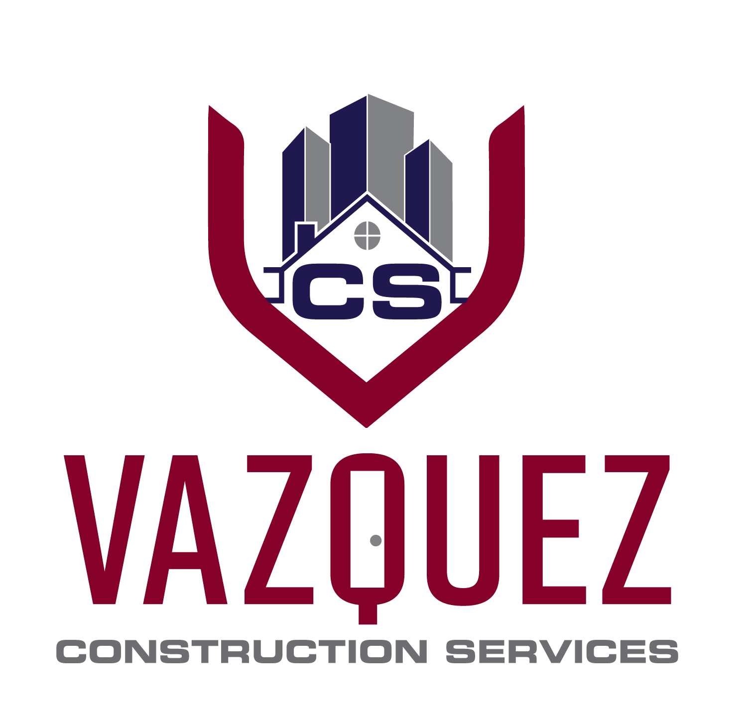 Vazquez Construction Services logo with maroon, gray, and white shield and city skyline icon.