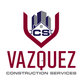 Vazquez Construction Services logo with maroon, gray, and white shield and city skyline icon.