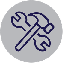 Crossed wrench and hammer tools icon in dark blue on a gray circle