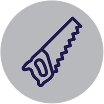 Purple outline of a hand saw inside a gray circle icon