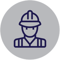 Construction worker icon in navy outline on a gray circle background