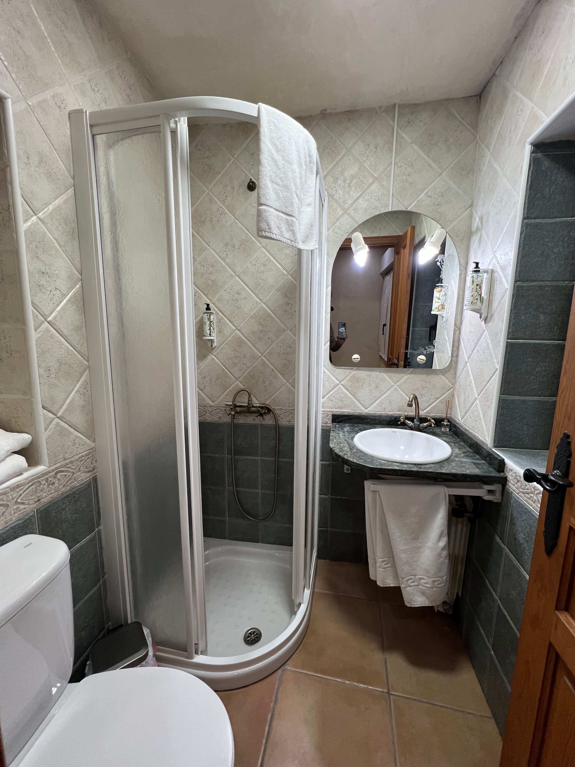 Small bathroom with a corner shower, sink, mirror, and toilet.