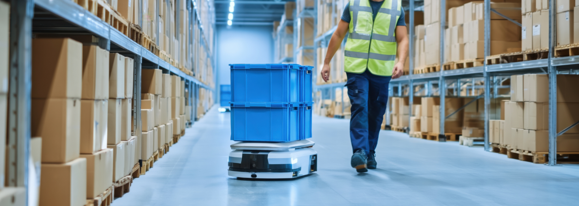 Picture of a robot in a warehouse. Picture of a robot in a warehouse.
