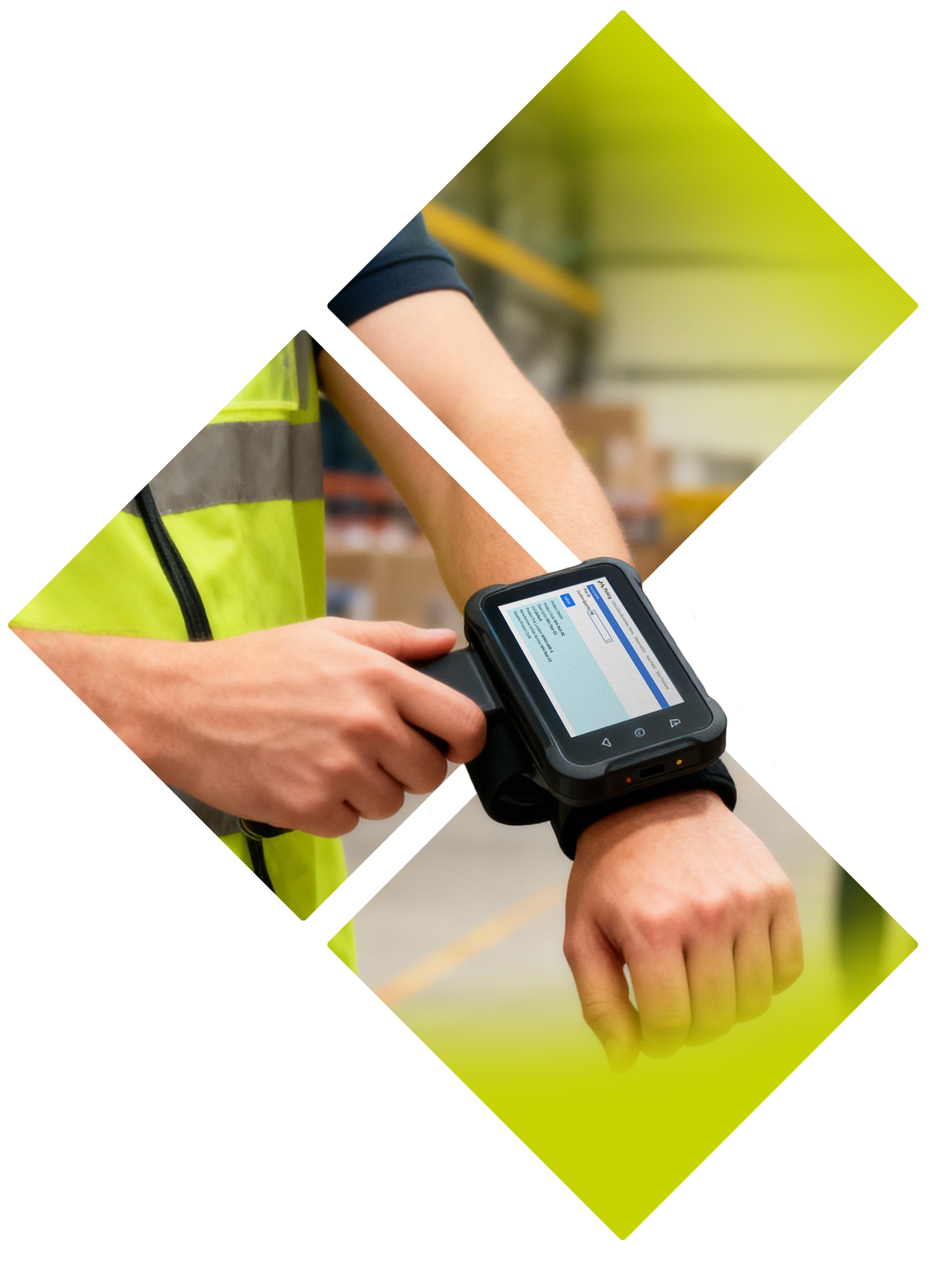 Worker using a wrist-mounted scanner on an arm, in a high-visibility vest