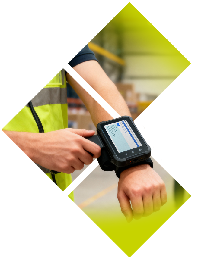 Worker checking a smartwatch-style device on their wrist, wearing a high-visibility vest.