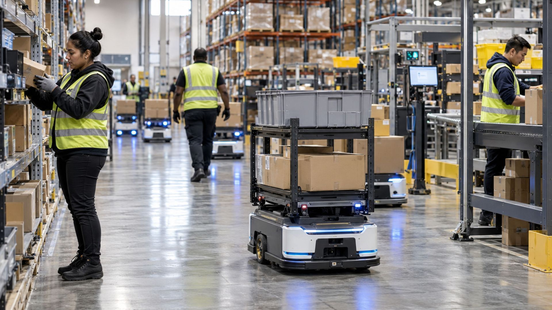 Today, goods are often brought to warehouse workers by robots and automated retrieval systems.