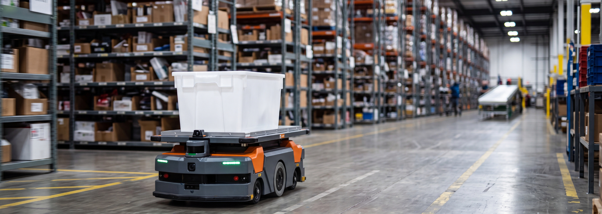 Picture of a robot inside a warehouse. Picture of a robot inside a warehouse.