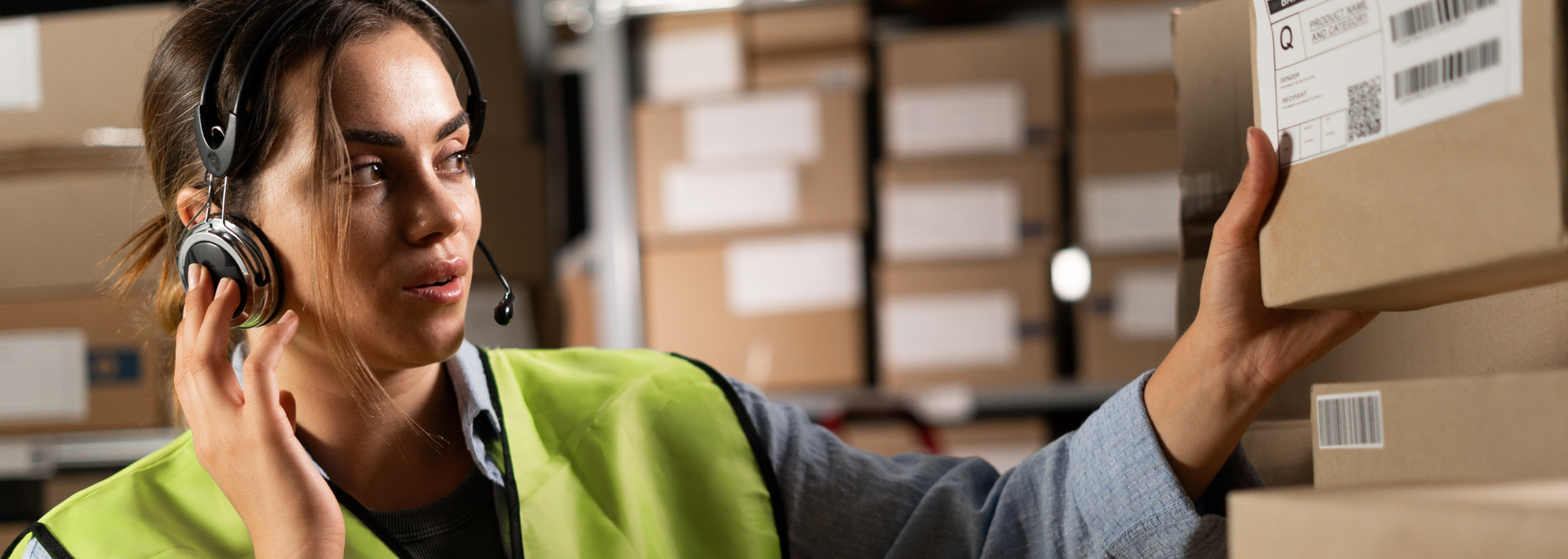 Picture of a person using a voice picking headset. Picture of a person using a voice picking headset.