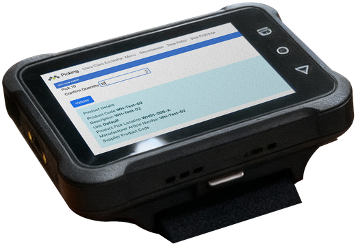 Small black touchscreen device showing a list on its display, with side buttons and a stand