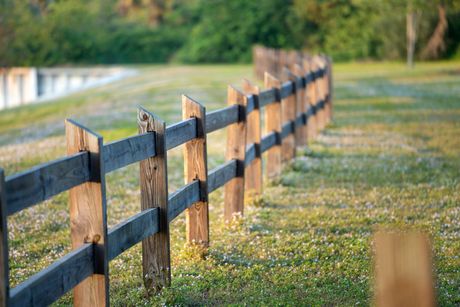 A rustic wooden rail fence runs diagonally through a sunny, grassy field.